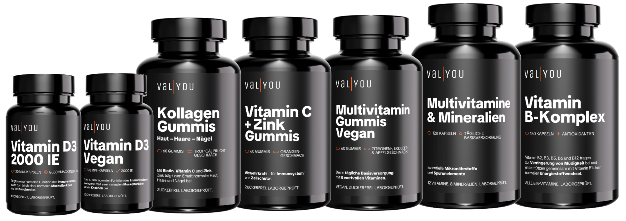 VALYOU Produkte Vier schwarze Flaschen Nahrungsergänzungsmittel - zwei mit D3 (vegetarisch und vegan), Vitamin B-Komplex und Multivitamine und Mineralien.
